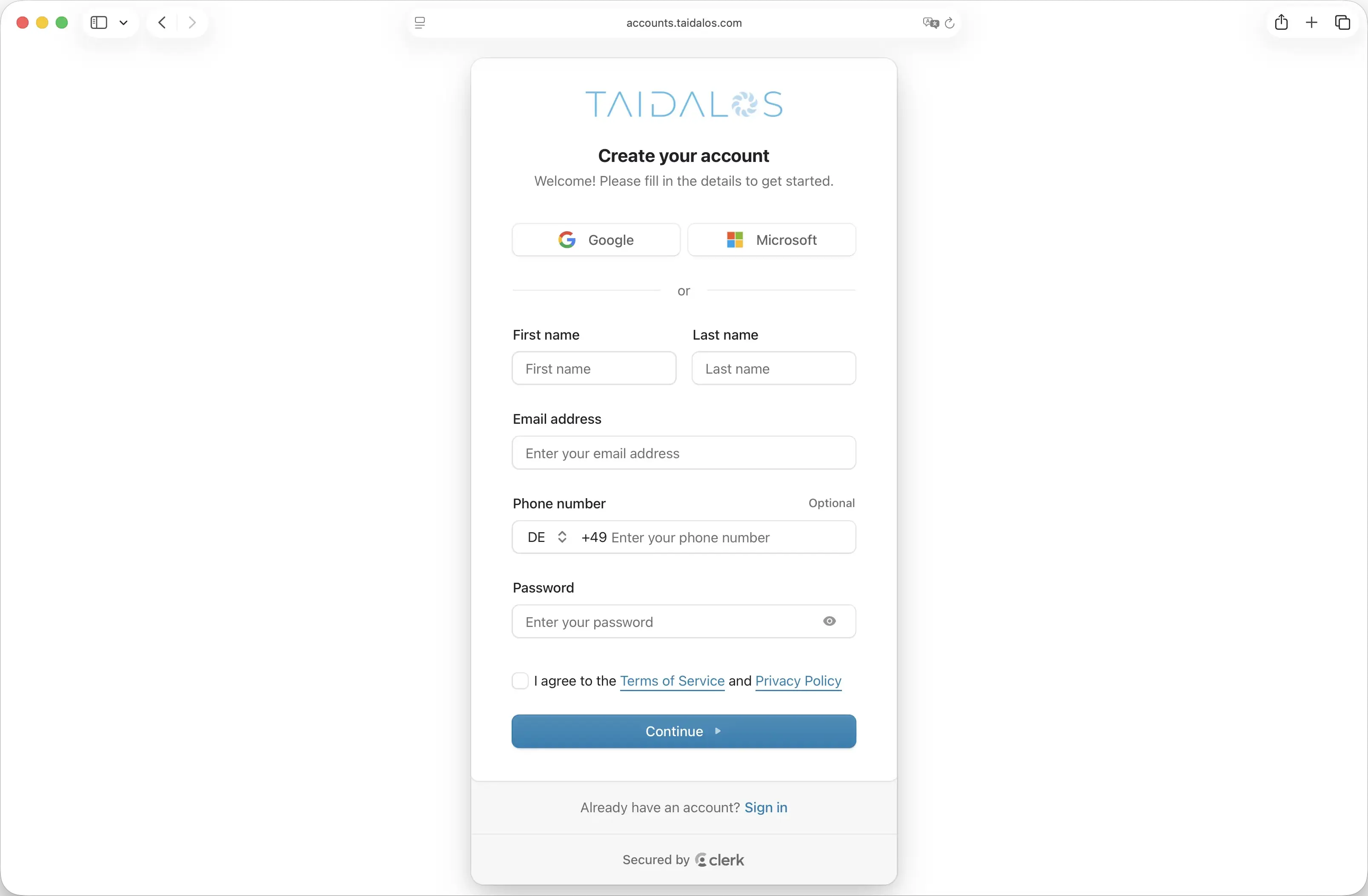 Screenshot of account creation