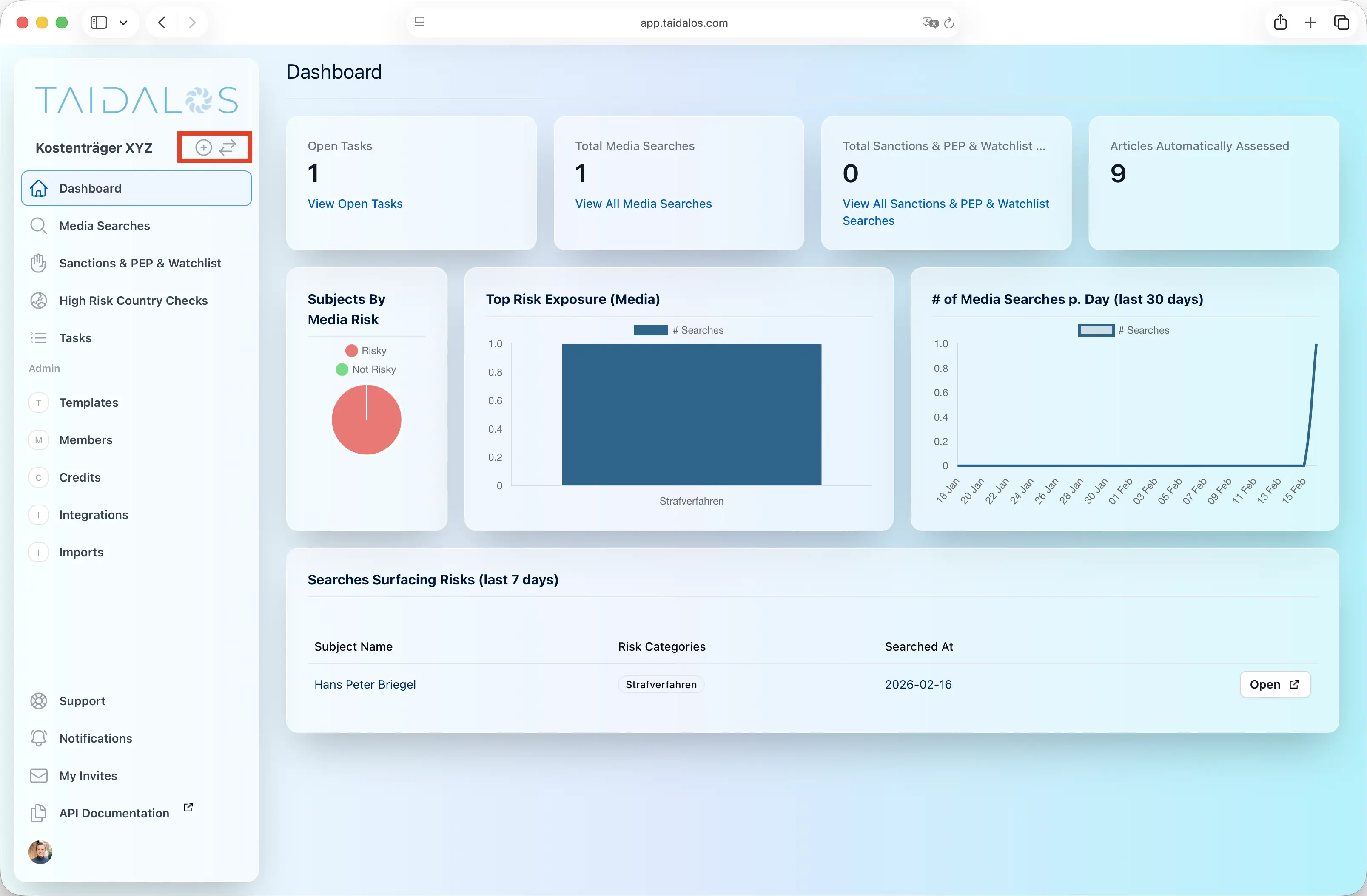 Create a new Organisation / Switch between organisations screenshot