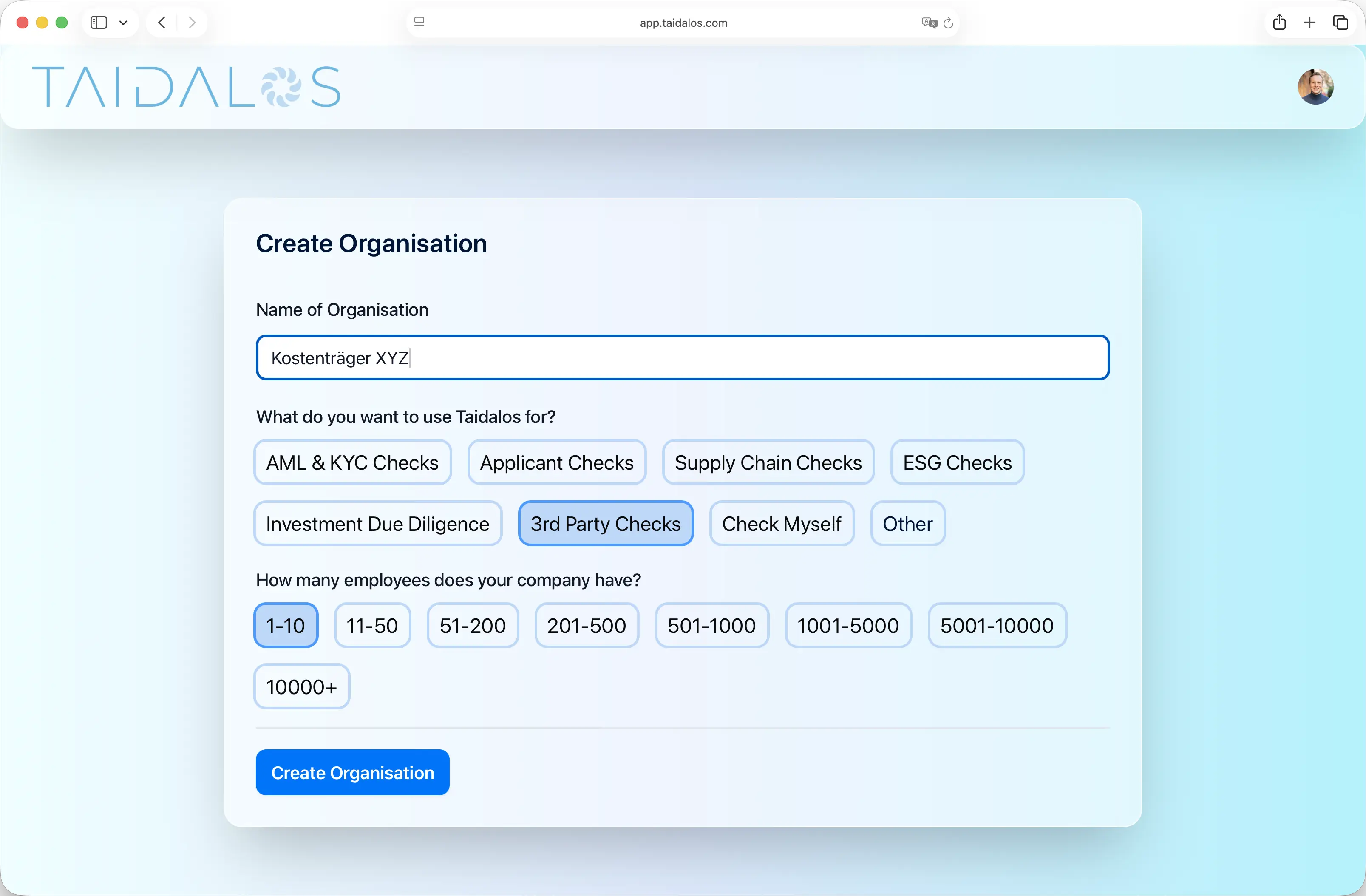 Screenshot der Organisations-Erstellung