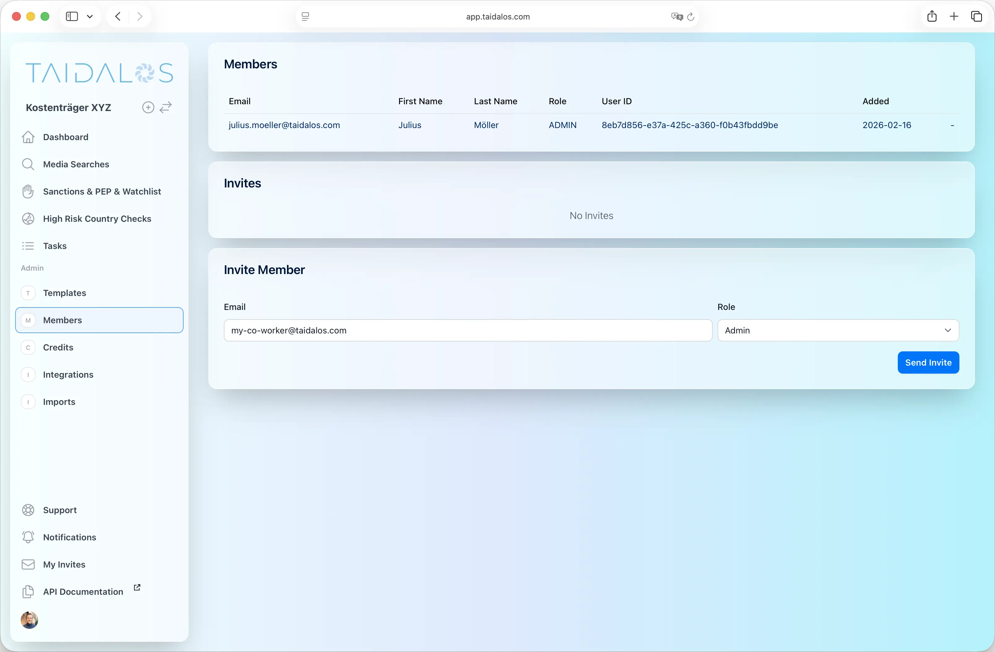 Screenshot der Einladungs-Funktion