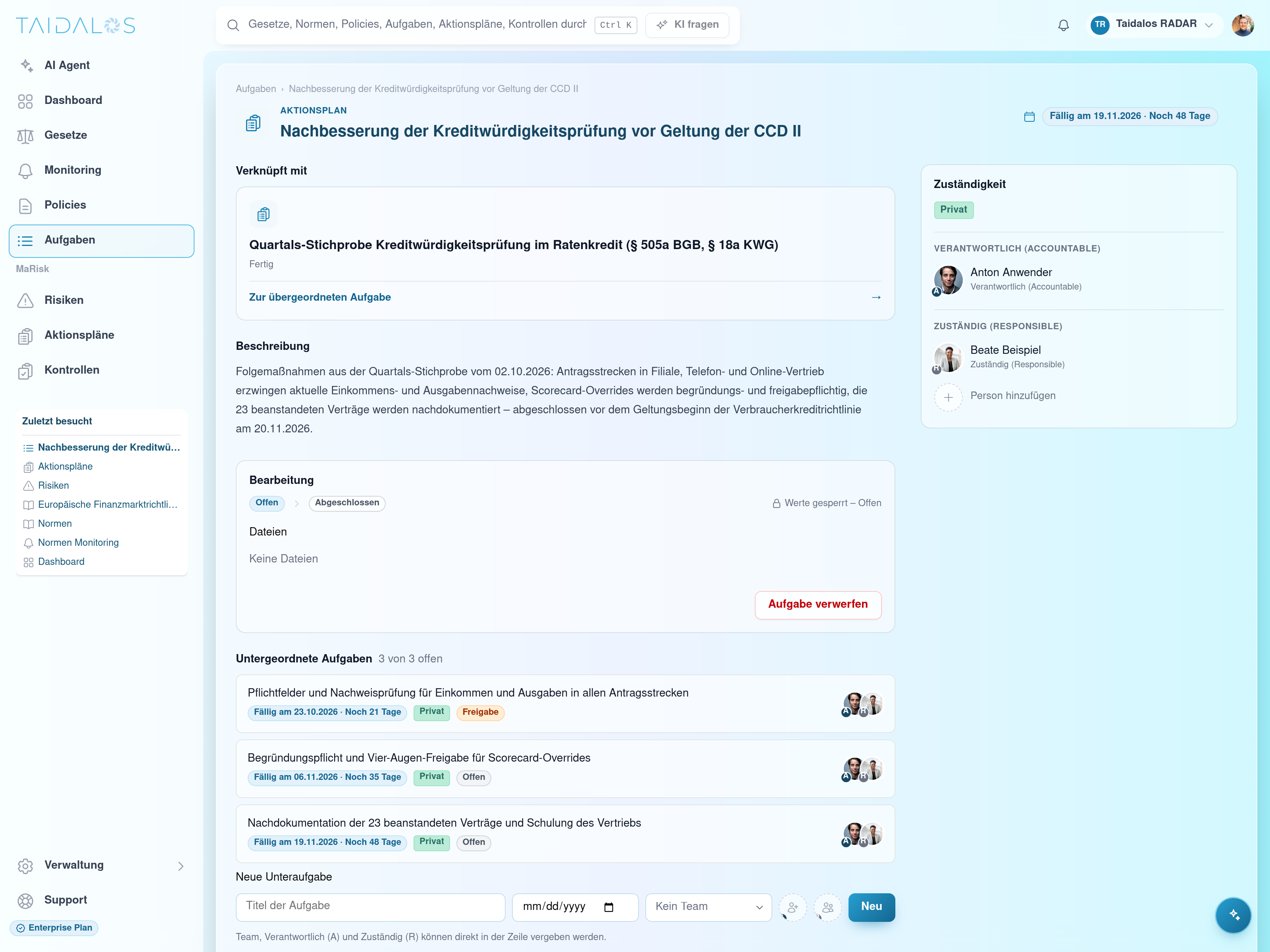 RADAR-Produktbeispiel: Aktionsplan zur Kreditwürdigkeitsprüfung mit Teilaufgaben, Verantwortlichen und Fristen